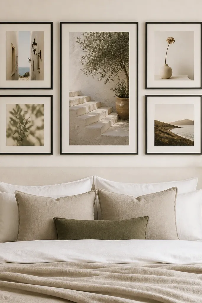 A gallery wall above the bed with 5 matching frames in thin black. Prints are in warm neutrals and one muted green. Frames are aligned on a grid with even spacing.