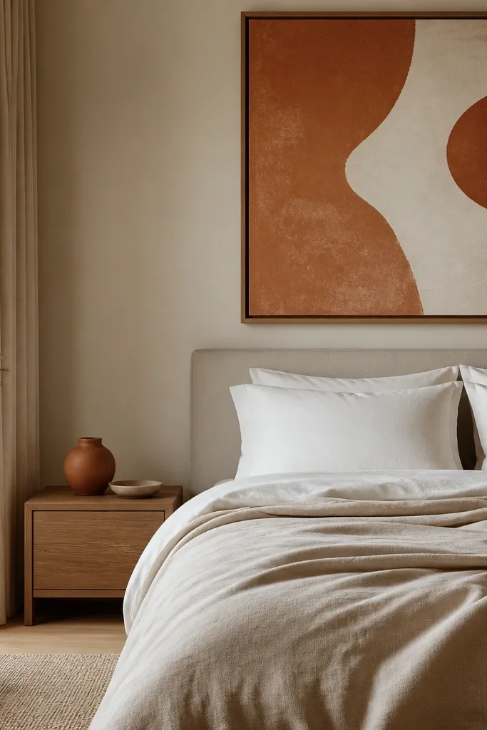 Above the bed is large framed art with terra-cotta and cream tones. The bed has a neutral duvet in oatmeal and white pillows. A small terra-cotta vase sits on the nightstand.