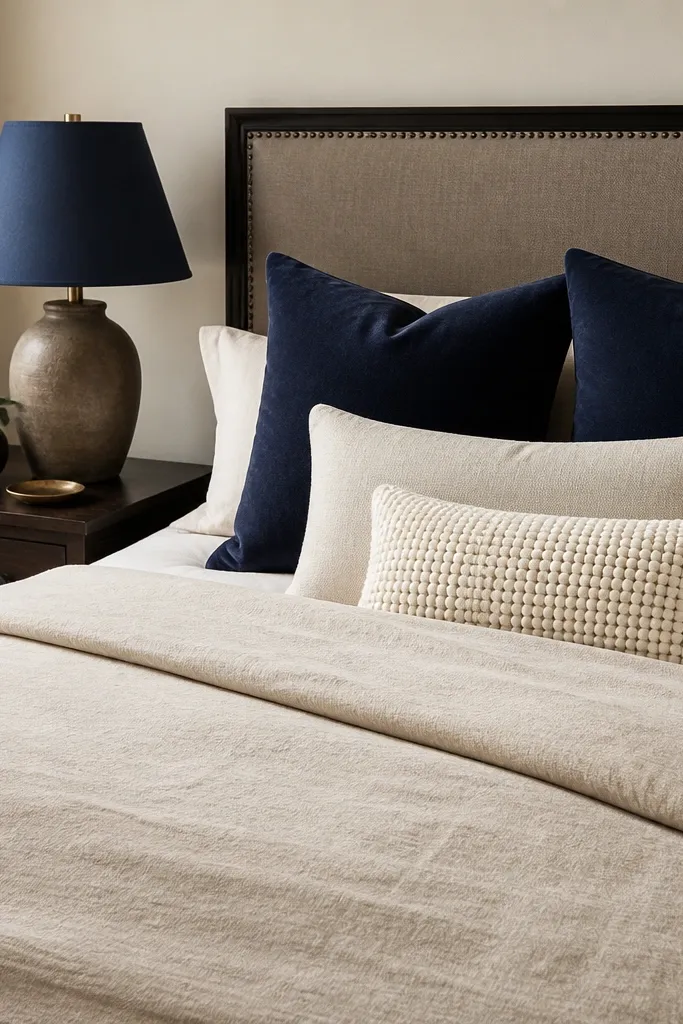 Beige duvet with layered pillows: two square navy velvet pillows, one cream linen lumbar, and one small textured pillow in off-white. A dark wood nightstand with a navy lamp shade.