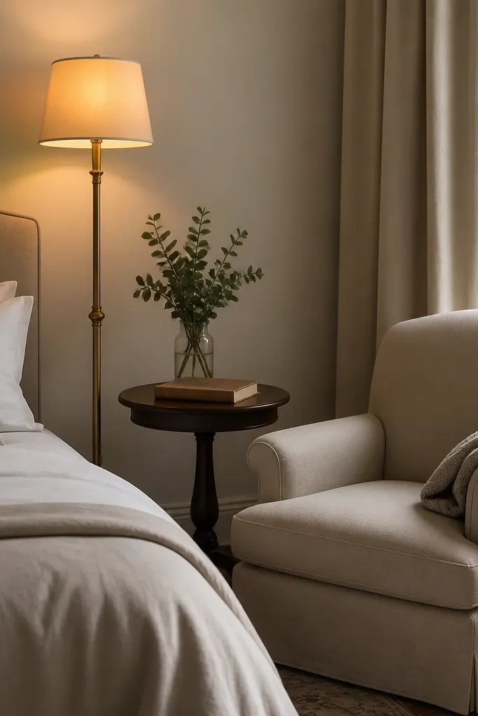 A small reading corner with a brass floor lamp and a beige shade. The lamp is next to the bed, not in the center. The bulb glow is warm and soft, and there's a small side table with a book.