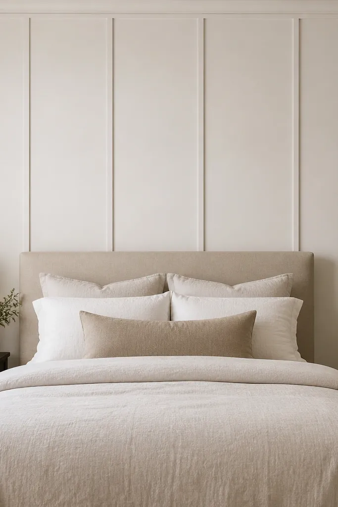 A small bedroom wall behind the bed has simple vertical trim panels in off-white, raised about 1 inch. The bed has neutral bedding, and the wall looks more structured without wallpaper.