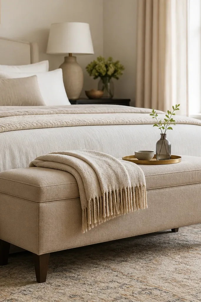 A small upholstered storage bench in warm beige at the foot of the bed. The bench has clean seams and tapered legs. A folded throw sits on top, and a small tray rests near the edge.