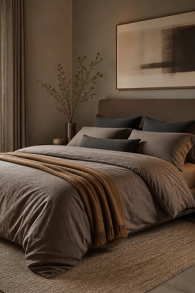 Bed dressed in gray-brown tones: a taupe duvet, charcoal pillows, and a camel throw. A small gold ring lamp sits on a nightstand. The rug is warm beige with a subtle texture.