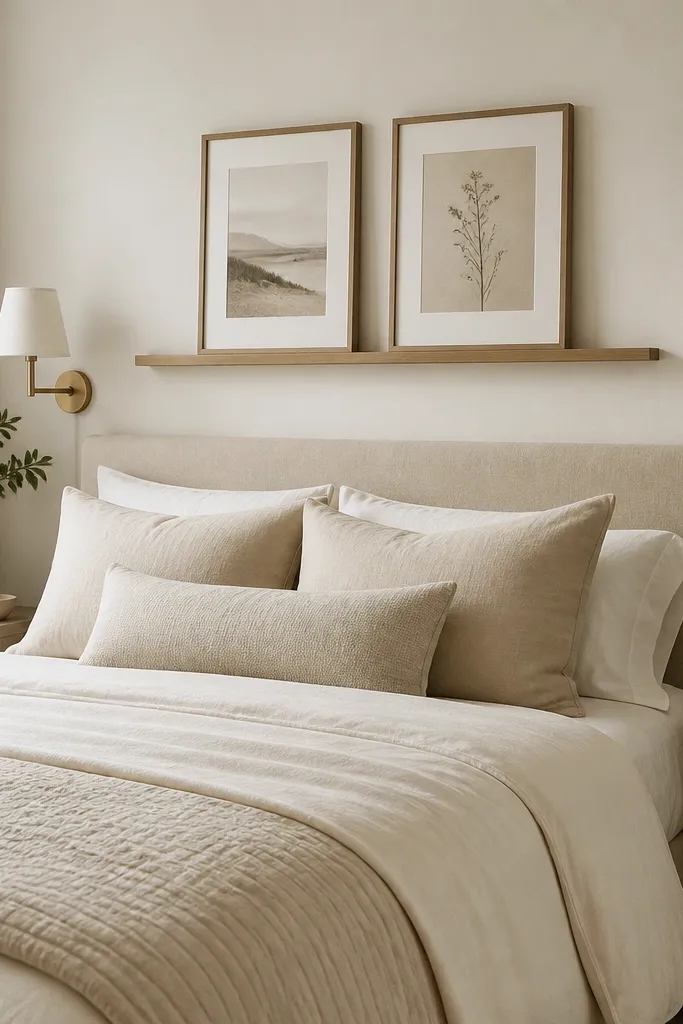 A long, simple art rail above the bed with two matching slim frames. On either side are small wall sconces with fabric shades. The bed is dressed in cream and light beige.