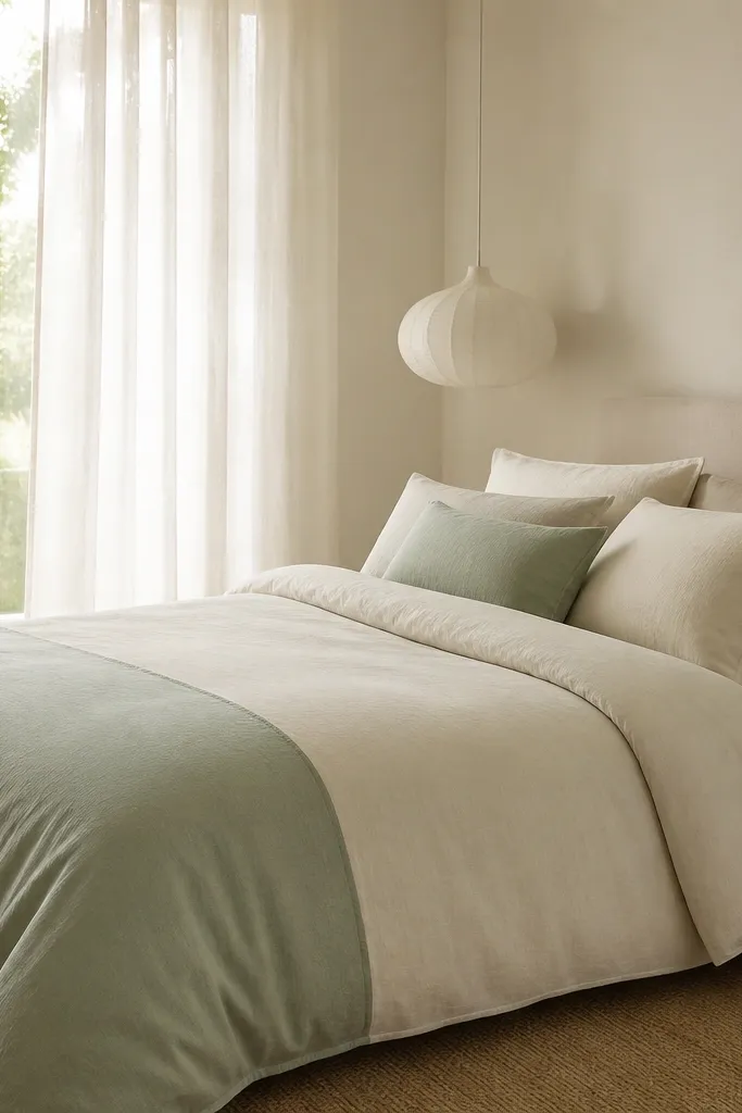 Bed with a duvet that has a soft color-block panel in cream and muted sage. Only one pillow matches the sage panel. The rest of the pillows are solid cream and oat. Curtains are plain off-white sheers.