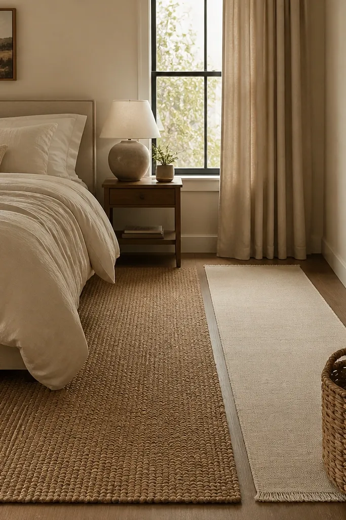 A braided jute rug covers most of the floor under the bed. In the walkway area, a thin cream runner sits parallel to the bed. The bed has oatmeal bedding and a woven basket on the side.