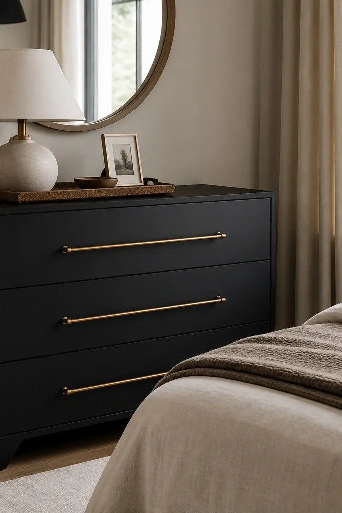 A matte black dresser in a small bedroom. It has one long brass pull or a single brass bar handle design. On top sits a small tray with a lamp and a framed photo.