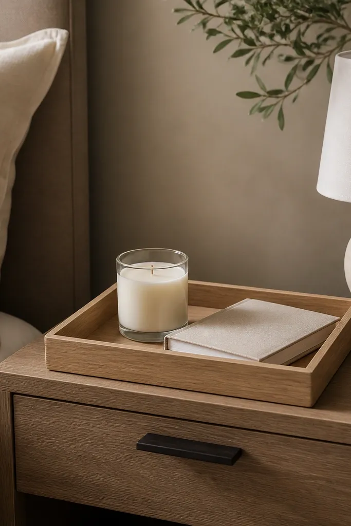 Nightstand has a light wood tray. Inside the tray: one cream candle in a glass jar and one neatly stacked book with a neutral cover. A small lamp sits beside the tray.