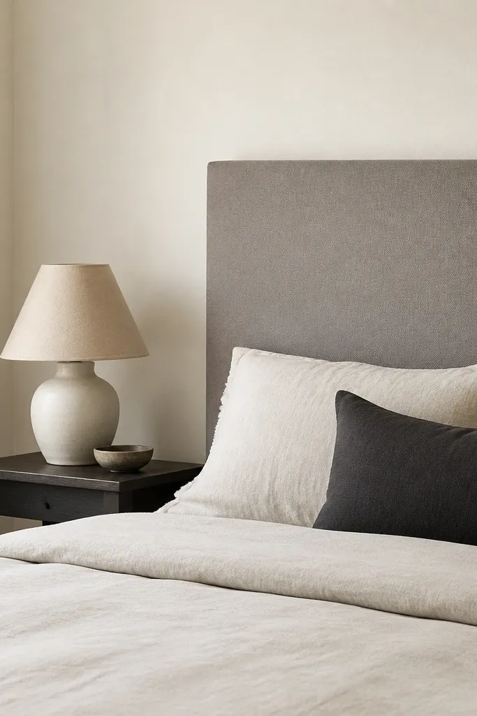 A bedroom corner with an off-white painted wall. Behind the bed is a rectangular headboard area in warm grey, made with foam sheet covered in matte fabric. The bed has a cream duvet, one charcoal pillow, and two off-white cushions. A small bedside table holds a white ceramic lamp with a beige shade.