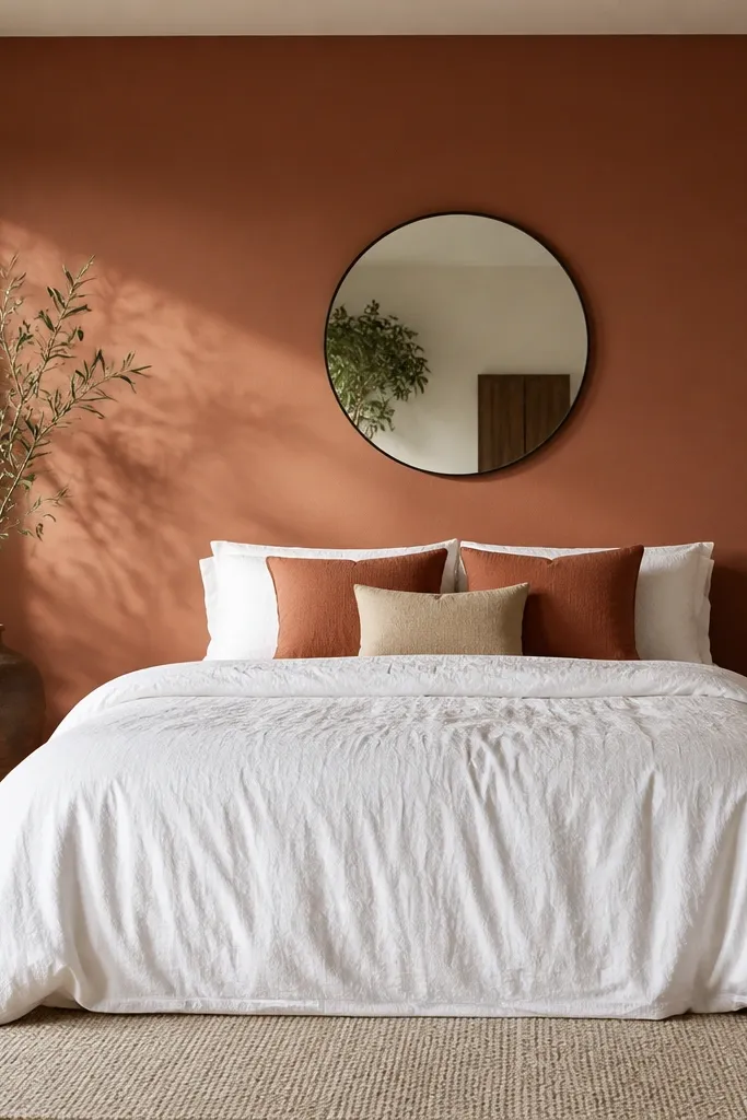 One wall painted terracotta, slightly muted. The bed faces the camera with crisp white bedsheet and a white duvet cover. Two pillows are terracotta with a subtle texture, and one pillow is beige. A white jute rug runs under the bed, and a simple black metal frame mirror hangs on the terracotta wall.