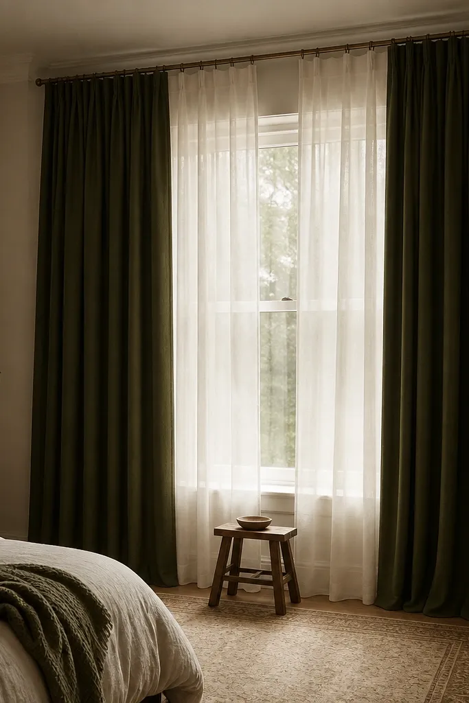 A bedroom window dressed with two layers. Inner sheer curtains are light off-white and slightly flowy. Outer blackout curtains are deep olive. The curtain rod is mounted high, almost near the ceiling. A small wooden stool sits below the window, and a floor-length rug softens the corner.