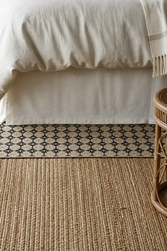 A bedroom floor with a large natural jute rug. Under the bed's front edge is a narrow runner with small geometric patterns in beige and black. The bed skirt is simple cream fabric. A round rattan side table sits near the rug.