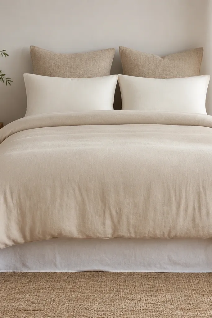 A neatly made bed with a single duvet in light beige. Two standard pillows in cream are placed in front. Two larger square cushions in sand color sit behind. The bed has a simple white bed skirt and no extra decorative clutter.