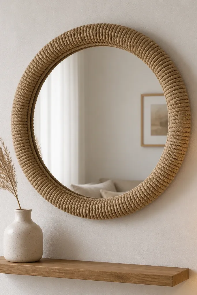A round mirror with a thick rope frame mounted on a plain white wall. The rope is natural jute beige, wrapped tightly in even coils. Below it is a small narrow shelf with a ceramic vase and a single dried pampas-like branch. A warm lamp glows from the corner.