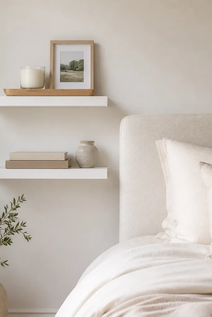 Two floating shelves painted matte white on the side wall. On the lower shelf is a single medium-sized book stack and a small pot. On the upper shelf is a wood plank tray holding a candle jar and a framed photo. The bedroom wall is off-white and the bed is cream.