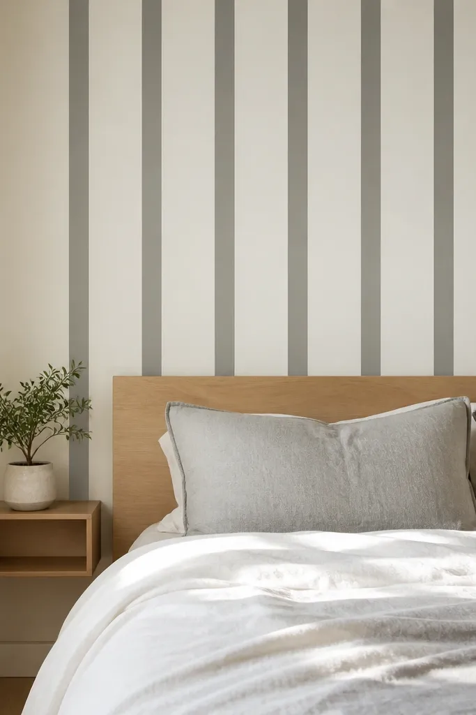 Behind the bed, there are vertical stripes made with grey washi tape on an off-white wall. The stripes are evenly spaced, about 2 inches wide each, with 2 inches gaps. The bed has a white duvet and light grey pillows. A small plant sits on the bedside shelf.