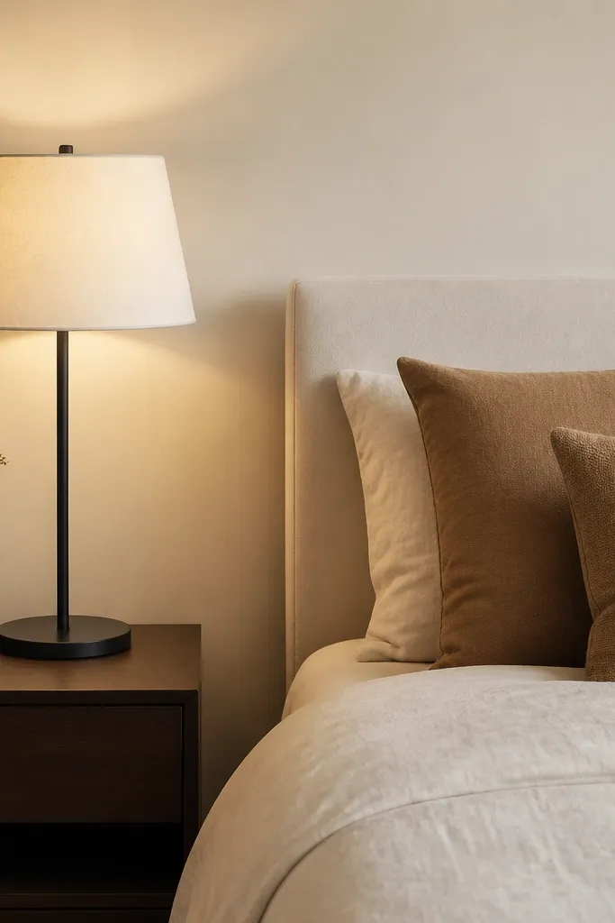 A bedside table with a matte black metal lamp. The lampshade is off-white fabric. The light is warm, casting a soft glow on the off-white wall. The bed has a cream duvet and two tan cushions.