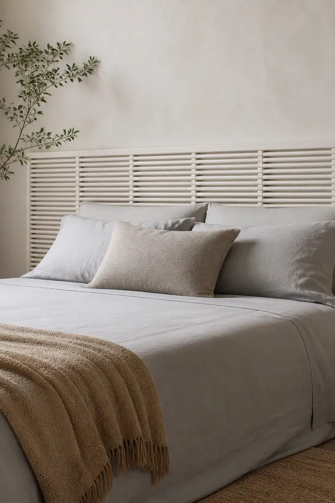 A bed with a headboard that looks like rattan slats. The headboard is actually a wooden slatted panel painted off-white with a faint warm tint. The bed has a light grey bedsheet and a beige throw blanket folded at the foot.