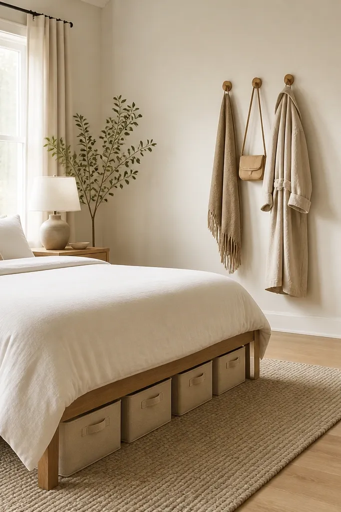 A clean bedroom with no visible clutter. Under the bed are fabric storage boxes in beige. On the wall near the door are three wooden hooks holding a folded throw, a small bag, and a robe. The bed has a neat duvet and minimal pillows.