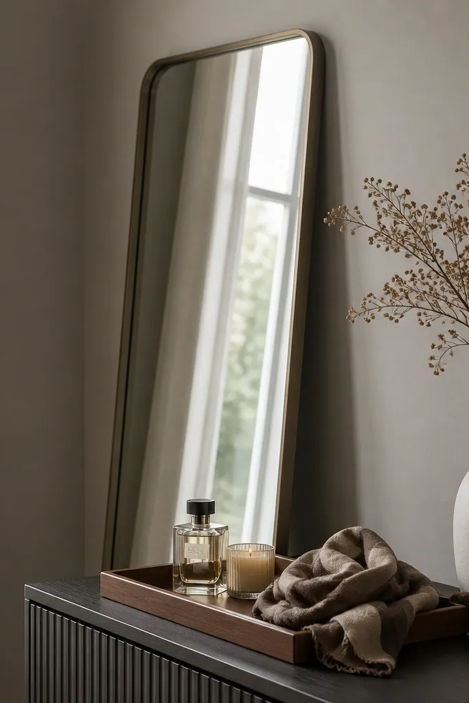 A small corner with a tall mirror leaning against the wall. In front is a narrow dresser or console. On top is a rectangular tray in wood tone holding a perfume bottle, a small candle, and a folded scarf. The wall is painted a soft warm grey.