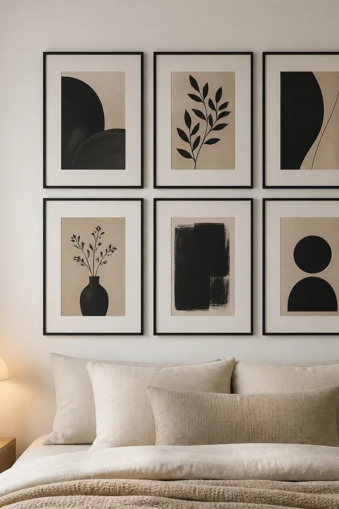 A gallery wall above the bed with six frames arranged in a balanced grid. All frames are same size and same matte finish, with beige and black prints. The wall is off-white. A small bedside lamp glows on the left side.