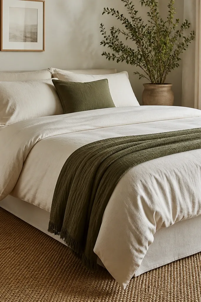 A bedroom bed with a cream duvet. At the foot of the bed is a neatly folded throw in olive. The pillows are cream and one olive accent pillow. The bed skirt is plain and the rug is neutral jute.