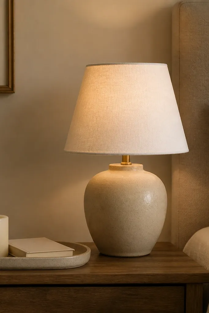A bedside table with a small beige ceramic lamp and a white linen shade; the bulb glow is warm and soft, with a simple tray holding a cream candle and a slim book.