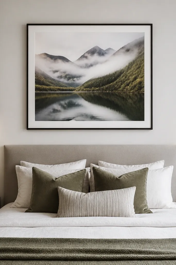 A modern bedroom wall with a single large framed print centered above the bed; the frame bottom sits about 6 inches above the top of the headboard, with two slim black sconces or wall lights nearby.