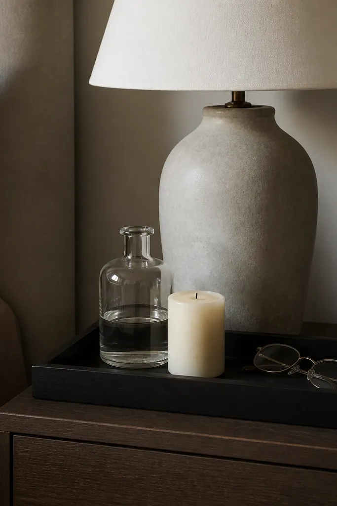A nightstand styled with a matte black rectangular tray holding a short clear glass bottle, a cream candle, and a pair of thin reading glasses; the lamp sits behind the tray.