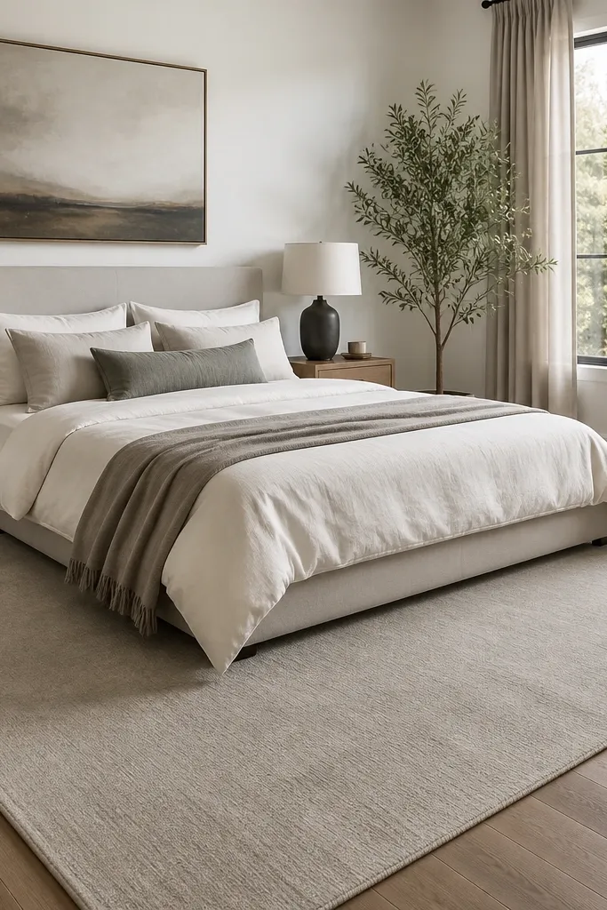 A modern bedroom with a low-pile neutral rug; the bed sits so the rug extends evenly under the foot and sides, with the rug corners aligned to the room's straight lines.