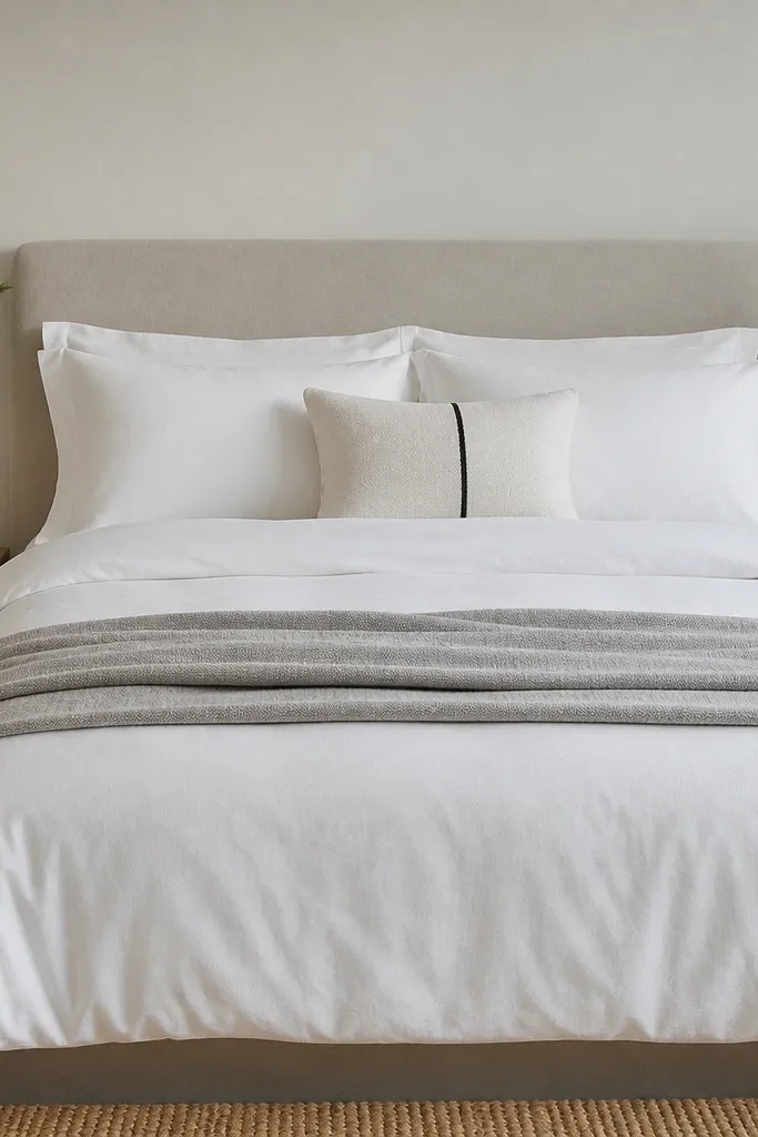 A bed with a crisp white duvet, a light gray throw blanket folded at the foot, and two matching white pillows; one accent pillow has a thin black stripe.