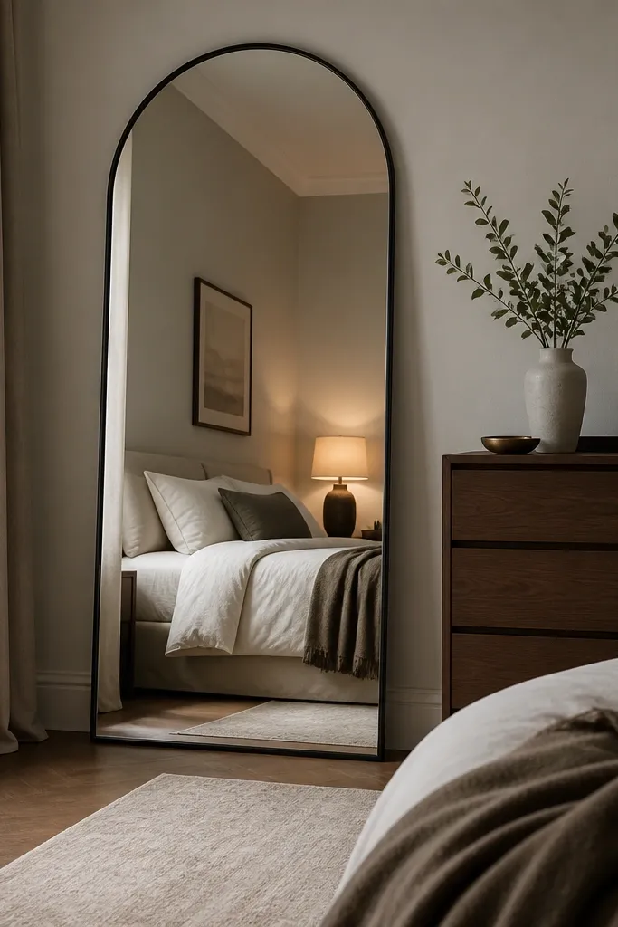 A tall arched mirror with a thin black frame leaning against the wall near a dresser; the mirror reflects the bed and a lamp glow.