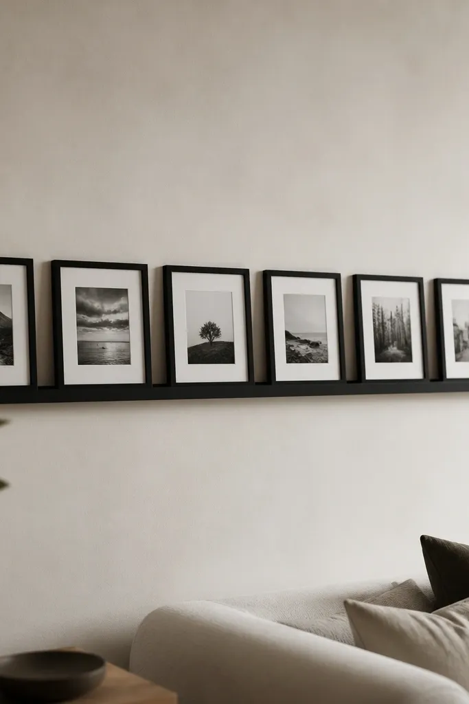 A wall shelf rail with a row of small black frames holding black-and-white photos; the frames are evenly spaced and aligned.
