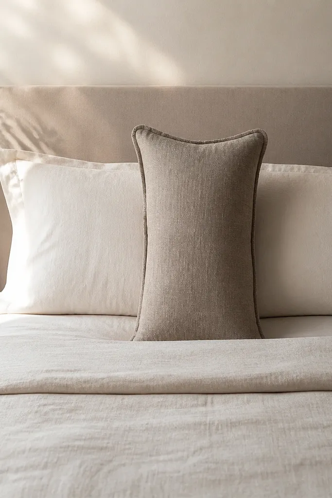 A bed with a neutral headboard; two standard pillows and one long lumbar pillow placed vertically in the center, with a textured cover in taupe linen.