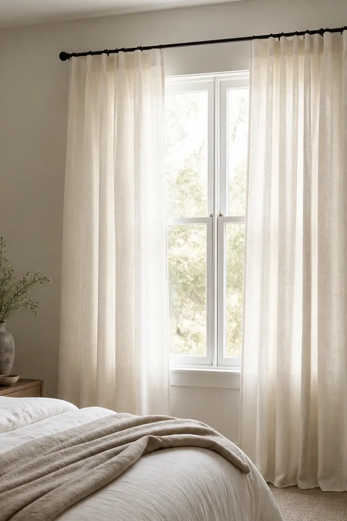 A bedroom window with light linen-look curtains in warm white; the panels hang to the floor with gentle folds and a slim black curtain rod.