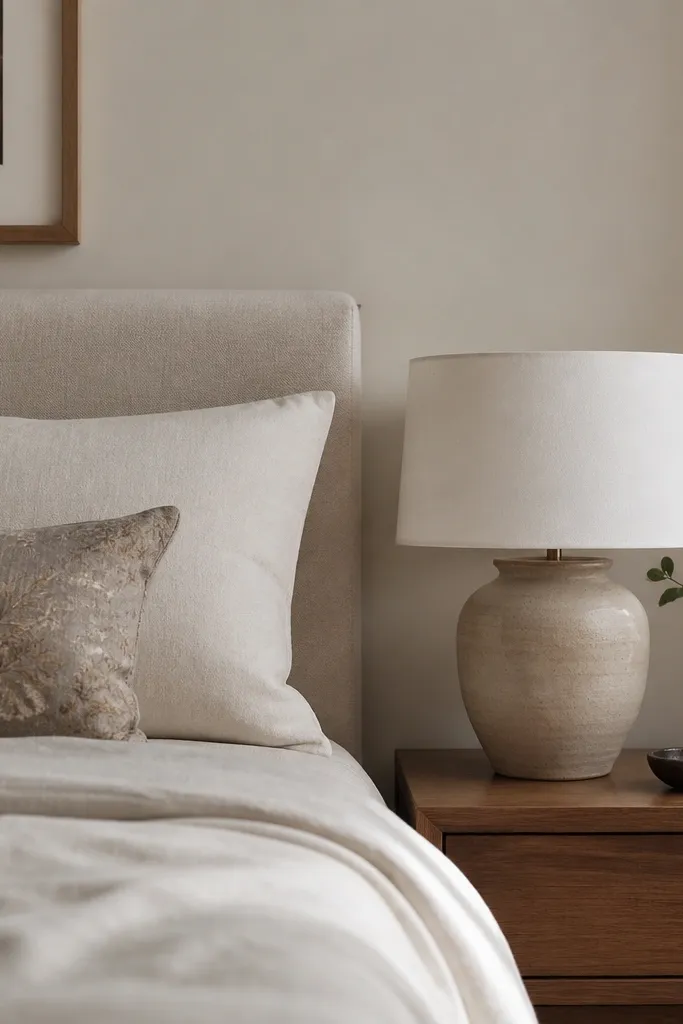 A bedside setup with a lamp whose top aligns visually with the pillow height; the lamp base is ceramic in a warm neutral and the shade is off-white.