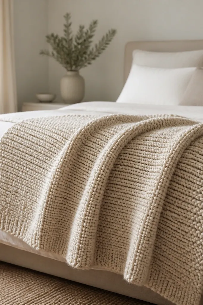 A large knit throw draped over the foot of the bed with two sharp folds; the throw is oatmeal and has a chunky texture.