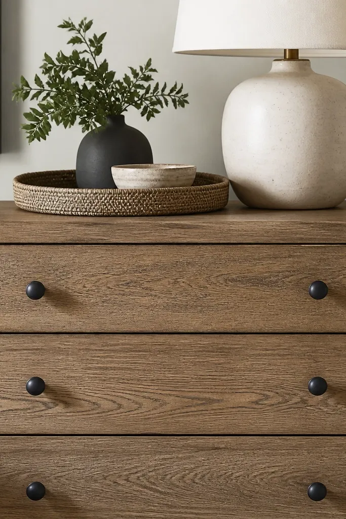 A dresser or nightstand front with brushed black drawer knobs; the wood grain is visible and the top surface is styled with a tray and lamp.