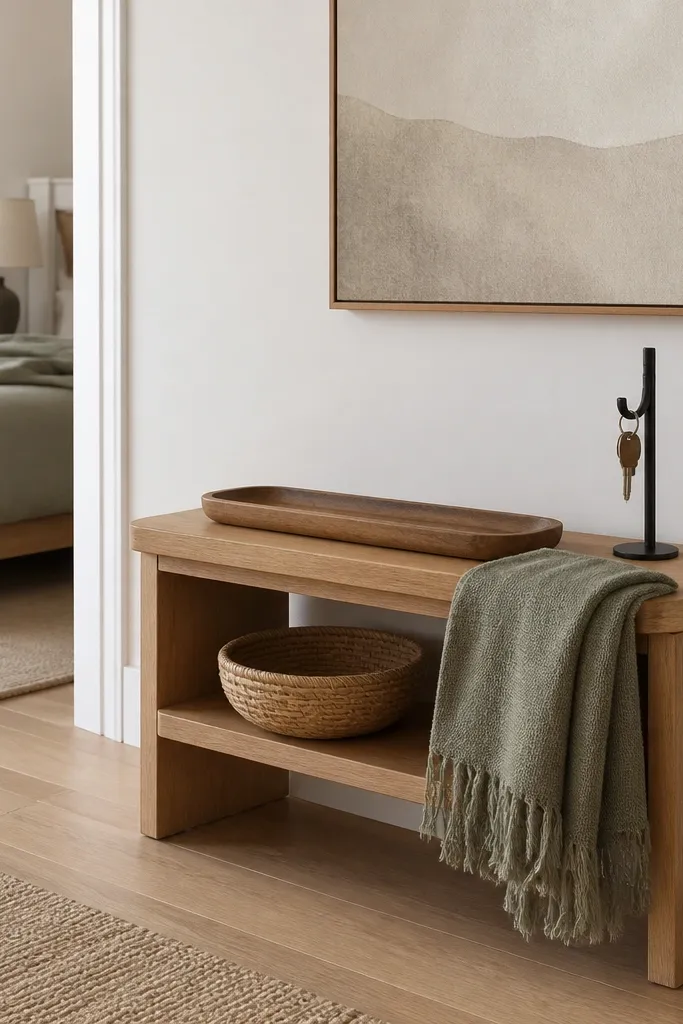 An entry bench or small console near the bedroom with a long tray, a black hook for keys, and a folded throw in the same color as the bedroom bedding.