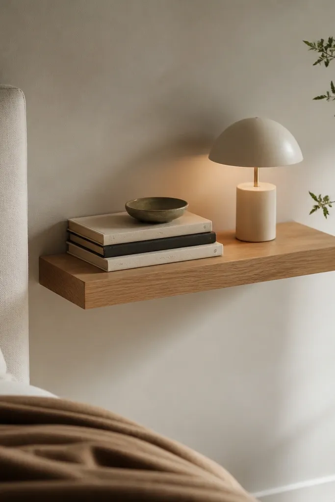 A small wall shelf above a bed-side area holding a slim book stack, a small lamp, and a ceramic dish; the shelf looks floating with clean lines.