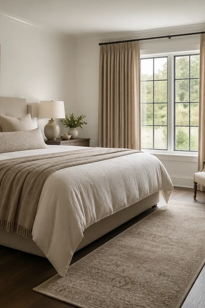 A bedroom with a neutral runner rug at the foot of the bed; the runner color matches the curtains, and there's a throw on the bed in the same palette.