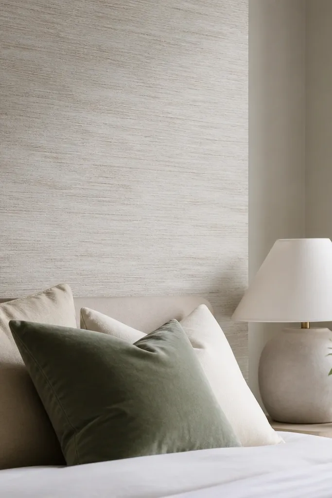 A small section behind the bed using a removable matte wallpaper sample in subtle texture; the bed pillows and lamp sit in front of it.