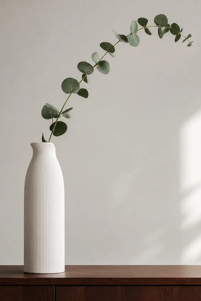 A tall white vase on a dresser with one eucalyptus branch arching upward; the vase is clean and the rest of the dresser is minimal.