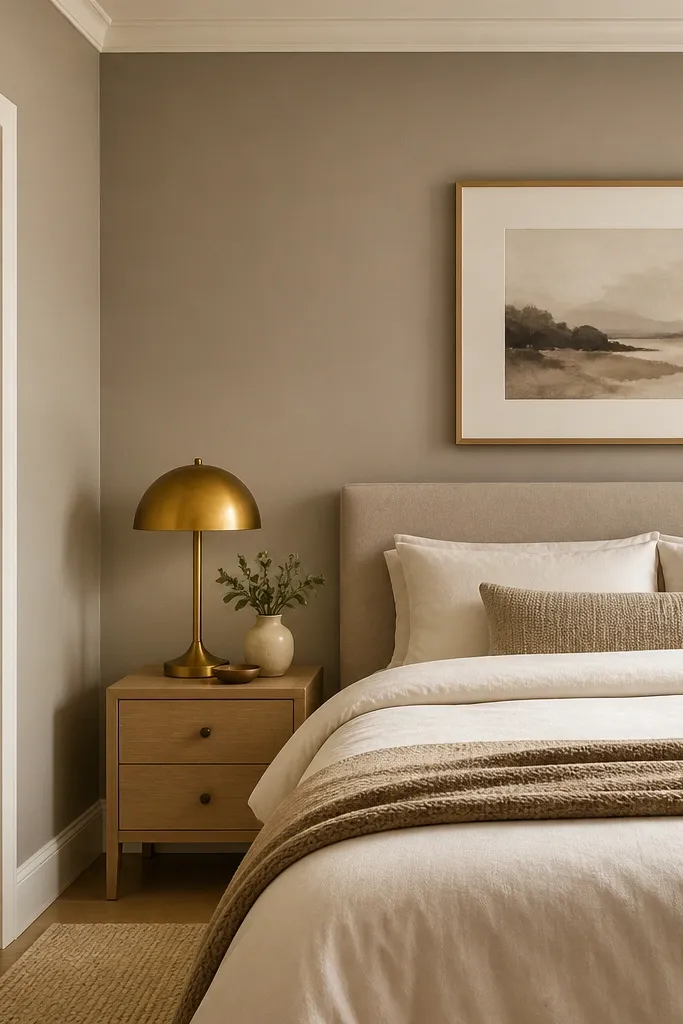 Bedroom wall painted a warm greige, with crisp cream trim around the ceiling and baseboards; bed has ivory bedding and a camel throw; a brass table lamp sits on a light oak nightstand; framed art uses cream and muted taupe tones.
