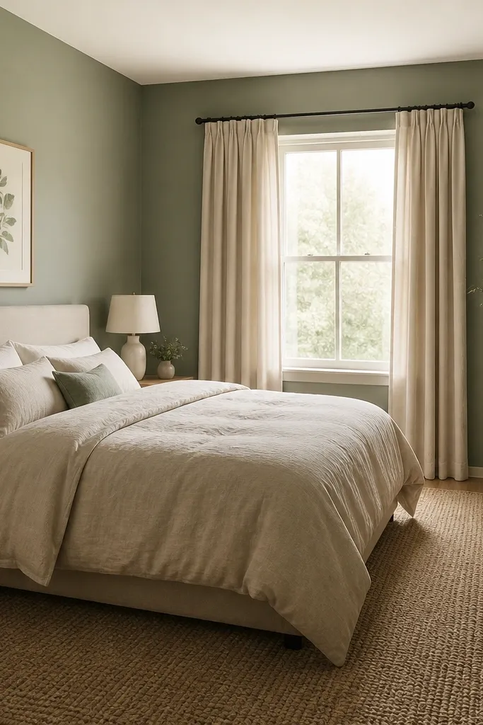 Bedroom with muted sage green walls; ceiling is off-white; bed dressed in oatmeal linen duvet and cream pillows; a woven jute rug under the bed; a pale wood dresser with a ceramic vase; framed botanical prints in muted greens.