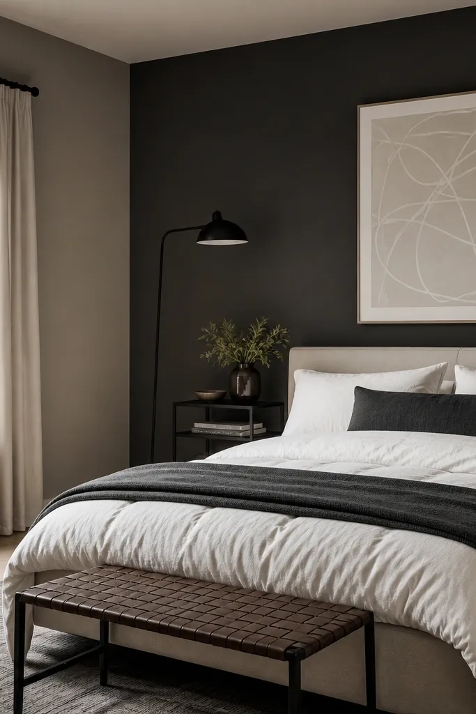 Bedroom with light taupe walls; behind the bed is a deep charcoal accent wall; bed has white duvet and charcoal pillows; a large abstract print with white lines hangs over the headboard; black metal nightstand and matte black floor lamp.