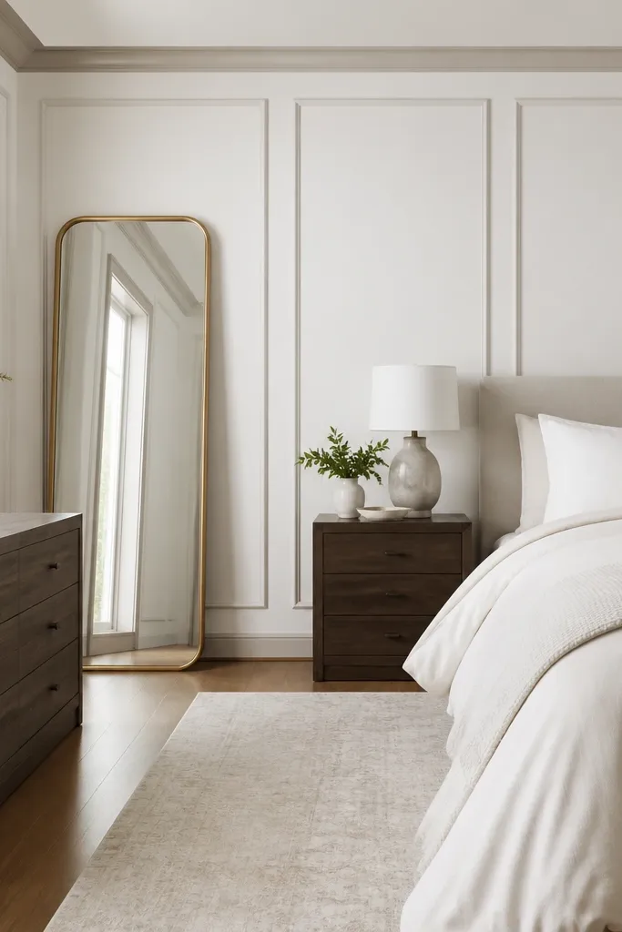 Bedroom painted bright crisp white; built-in style trim lines painted a soft greige; bed has cream bedding; wall molding creates shallow vertical panels; a large mirror with thin gold frame leans near the dresser.