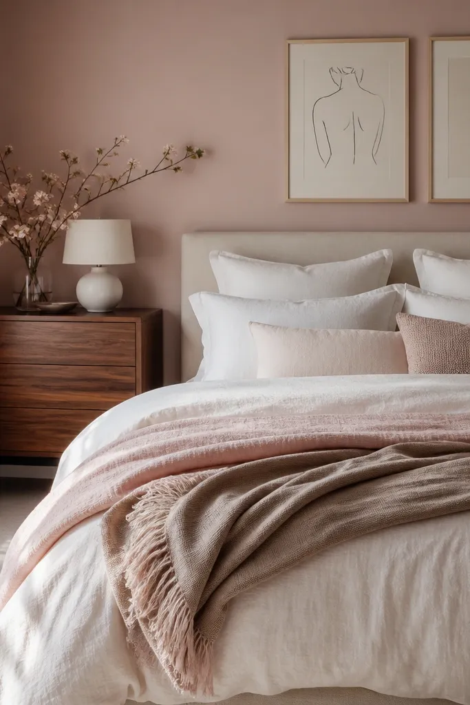 Bedroom with dusty blush pink walls; warm white duvet and pillows; blush and taupe throw blanket; soft blush curtains; a walnut dresser with a ceramic lamp; framed monochrome line art above the bed.