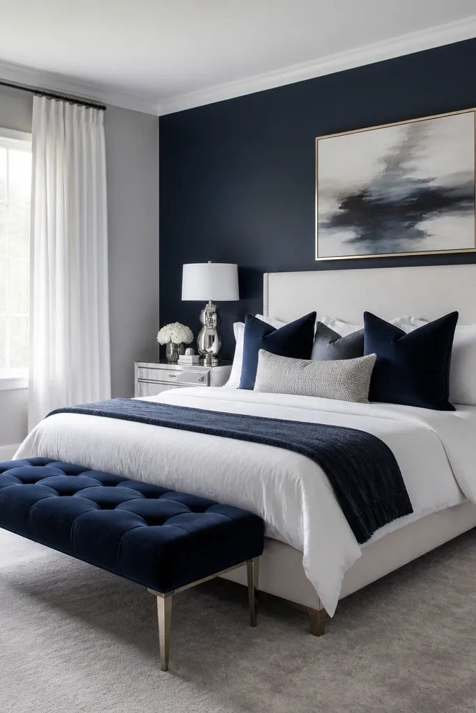 Bedroom with light gray walls; one wall behind the bed painted deep navy; bed dressed in crisp white sheets and navy pillows; a navy velvet bench at the foot; silver accents on nightstands; large window with white curtains.