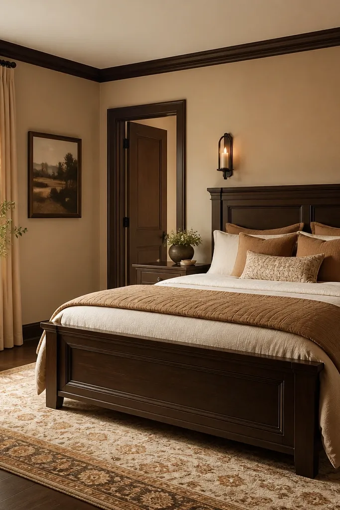 Bedroom in warm beige walls; baseboards and trim painted a deep walnut brown; bed frame in dark wood; bedding in cream and caramel tones; a patterned rug with subtle brown and beige; candle scones on a dark frame.